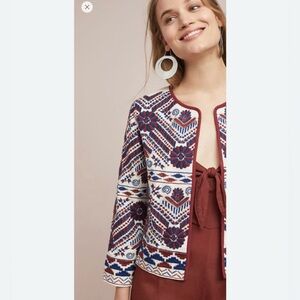 ANTHROPOLOGIE Blue Red White Greenwich Embroidered Open Cropped Jacket Womens XS